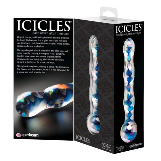 Icicles No. 08 - hullámos, kétvégű, üveg dildó (áttetsző-kék)