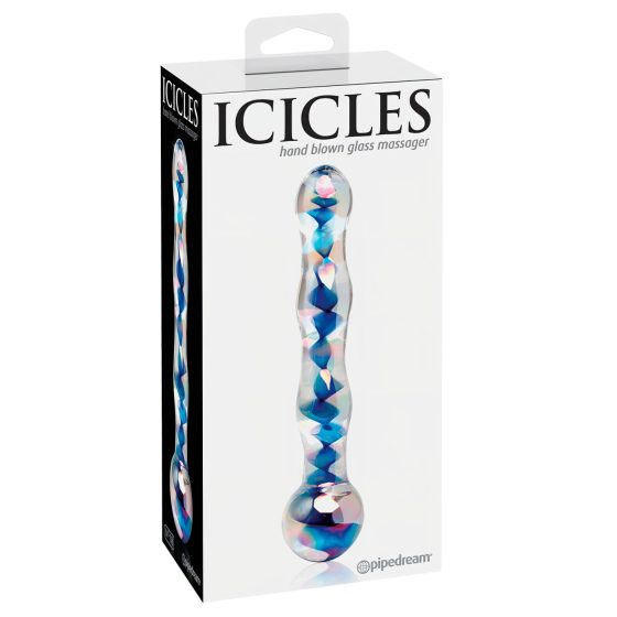 Icicles No. 08 - hullámos, kétvégű, üveg dildó (áttetsző-kék)