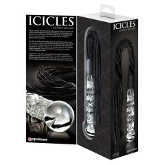   Icicles No. 38 - bőr korbácsos üveg dildó (áttetsző-fekete)