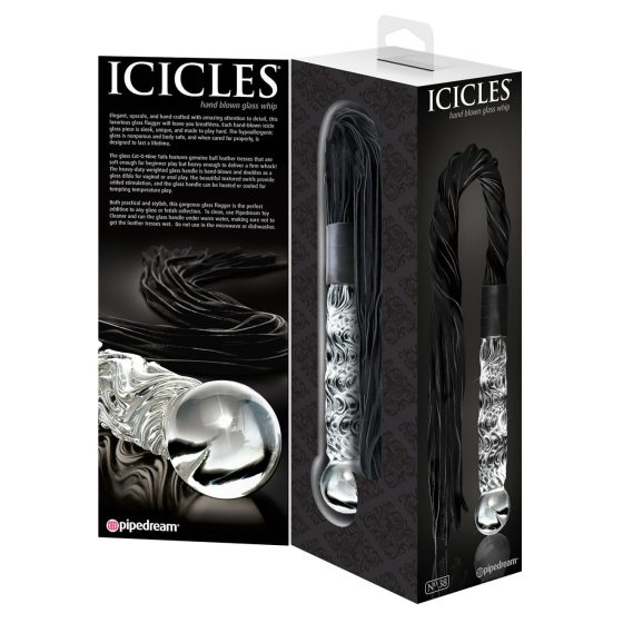 Icicles No. 38 - bőr korbácsos üveg dildó (áttetsző-fekete)