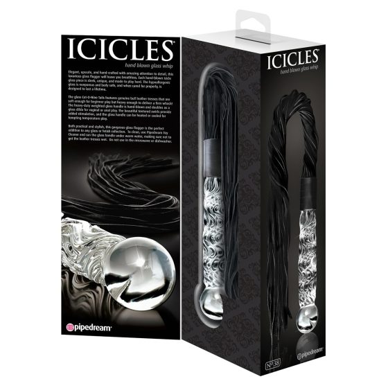 Icicles No. 38 - bőr korbácsos üveg dildó (áttetsző-fekete)