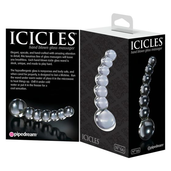 Icicles No. 66 - íves, gömbös, üveg dildó (áttetsző)