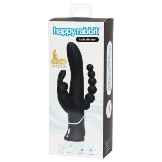 Happyrabbit Triple - akkus csikló-és análkaros vibrátor (fekete)