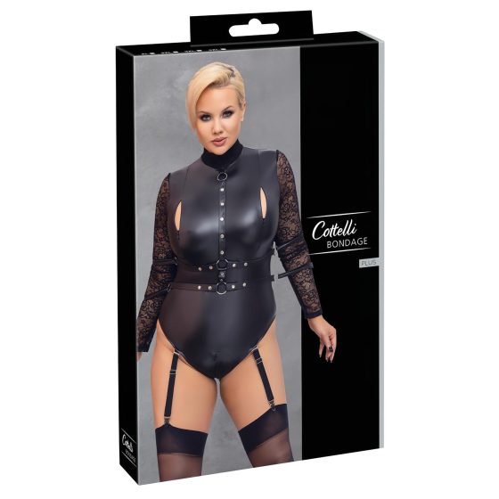 Cottelli Bondage Plus Size - csipkésujjú body (fekete)