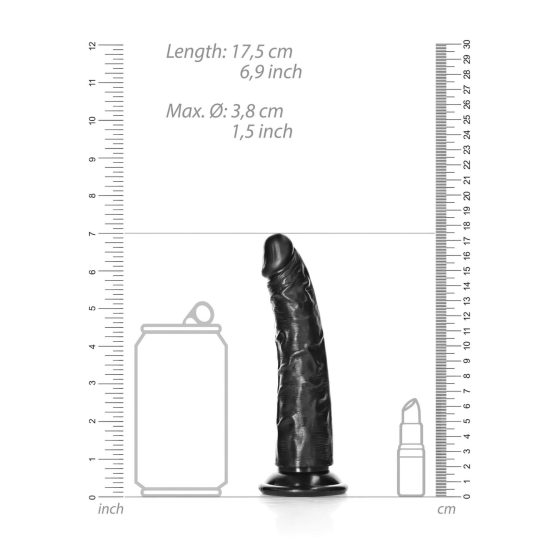 RealRock Slim - tapadótalpas, realisztikus dildó - 15,5cm (fekete)