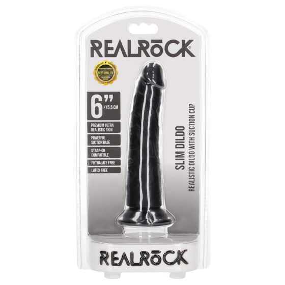 RealRock Slim - tapadótalpas, realisztikus dildó - 15,5cm (fekete)